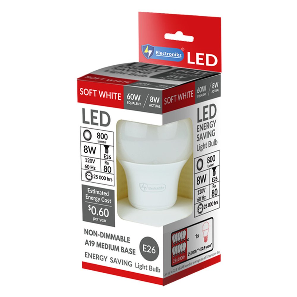 Electroniks led light bulb a19 8watts e26